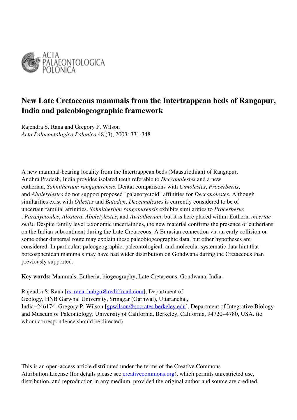 New Late Cretaceous Mammals from the Intertrappean Beds of Rangapur, India and Paleobiogeographic Framework