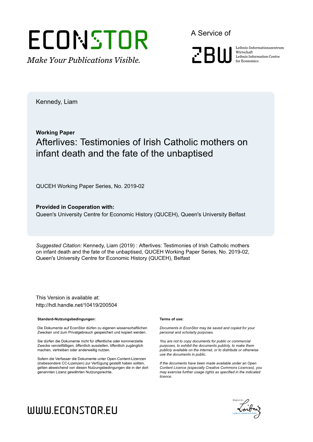 Afterlives: Testimonies of Irish Catholic Mothers on Infant Death and the Fate of the Unbaptised