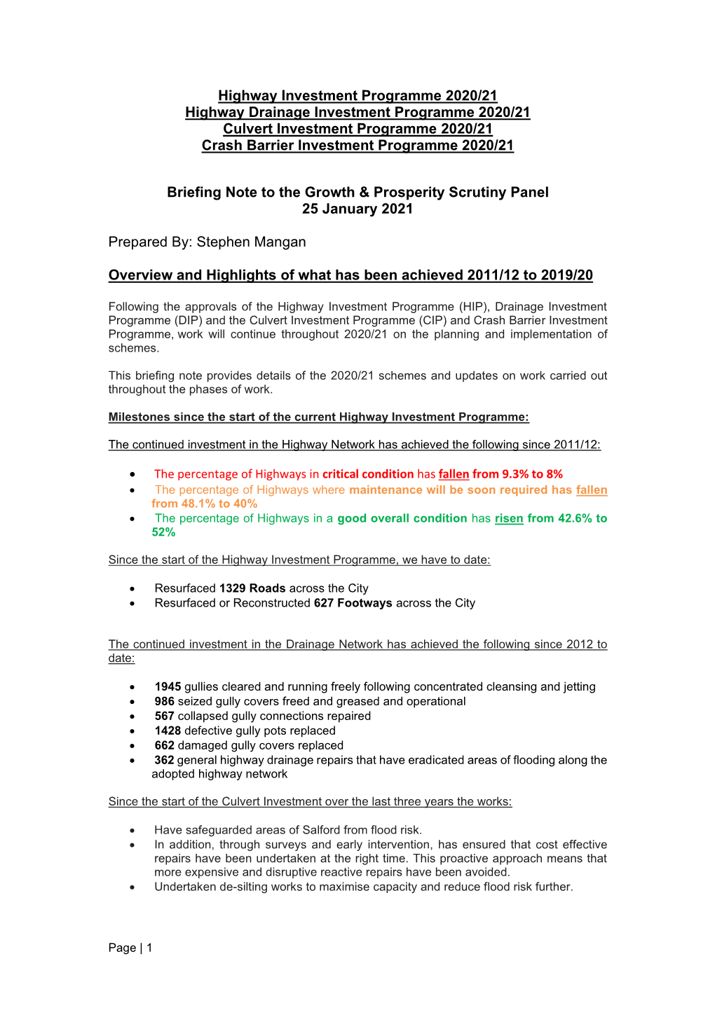 Highway Investment Programme 2020/21 Highway Drainage Investment Programme 2020/21 Culvert Investment Programme 2020/21 Crash Barrier Investment Programme 2020/21