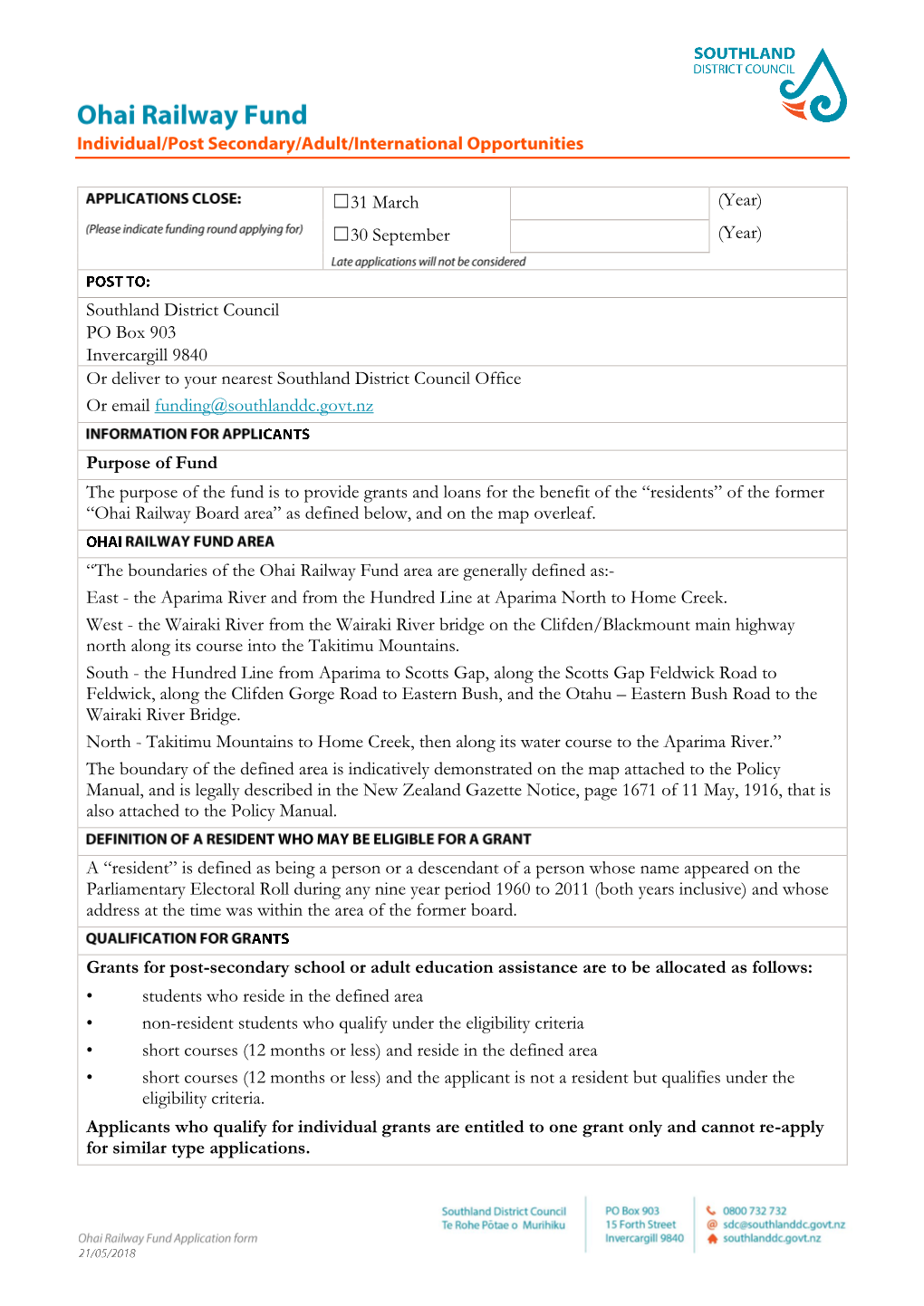 Ohai Railway Fund Application Form