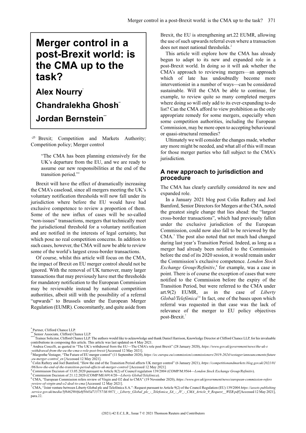 Merger Control in a Post-Brexit World: Is the CMA up to the Task? 371