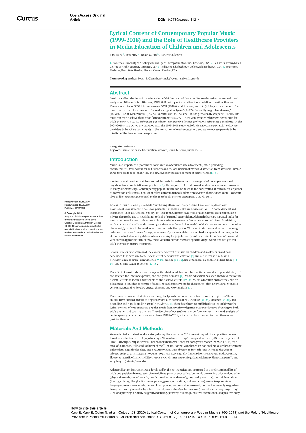 Lyrical Content of Contemporary Popular Music (1999-2018) and the Role of Healthcare Providers in Media Education of Children and Adolescents