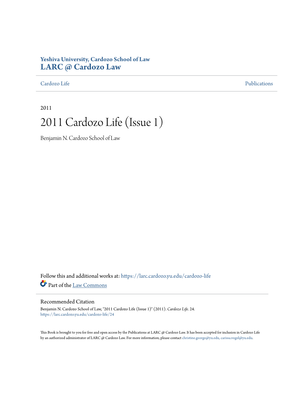 2011 Cardozo Life (Issue 1) Benjamin N