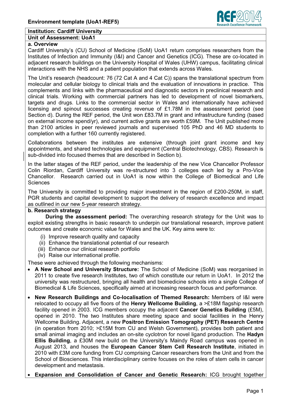 (Uoa1-REF5) Page 1 Institution: Cardiff University Unit of Assessment