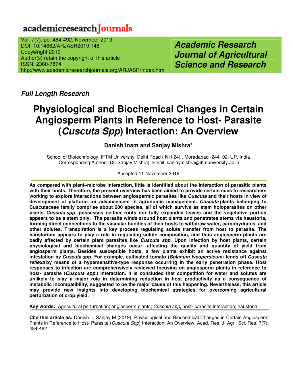 Physiological and Biochemical Changes in Certain Angiosperm Plants in Reference to Host- Parasite (Cuscuta Spp ) Interaction: an Overview