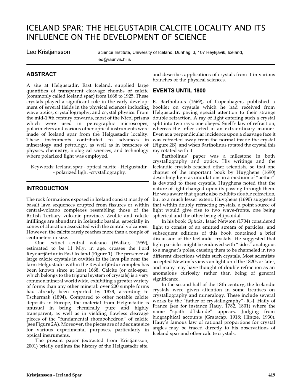 Iceland Spar: the Helgustadir Calcite Locality and Its Influence on the Development of Science