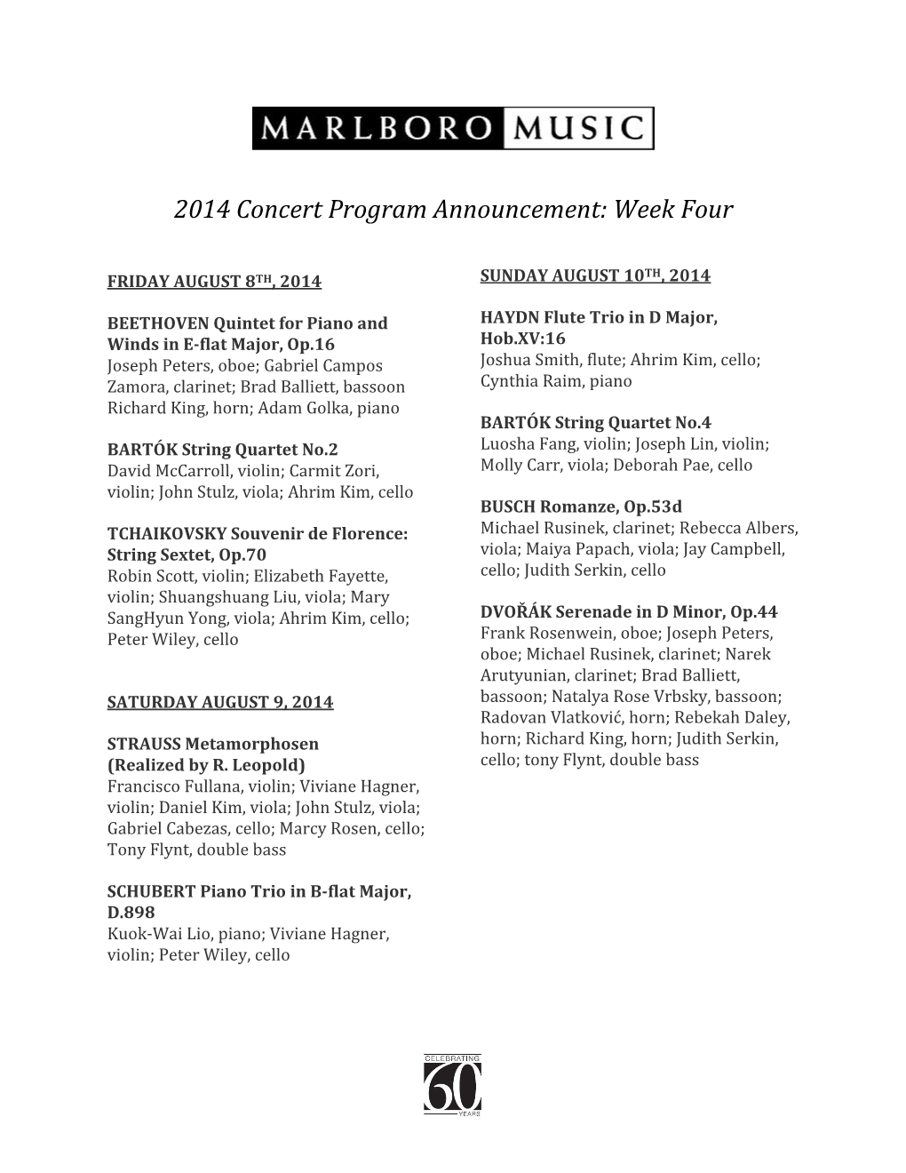 2014 Concert Program Announcement: Week Four