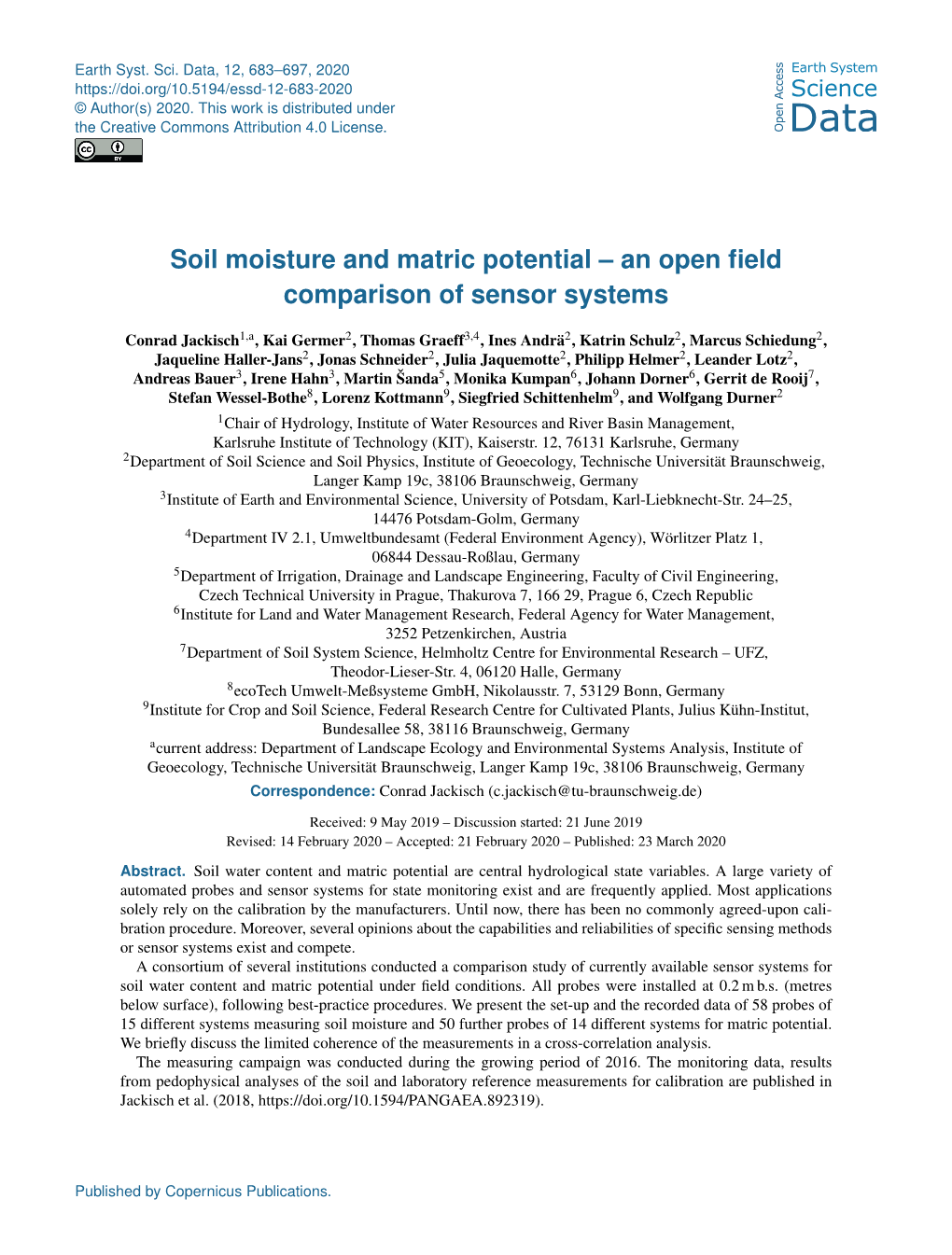 Soil Moisture and Matric Potential – an Open ﬁeld Comparison of Sensor Systems