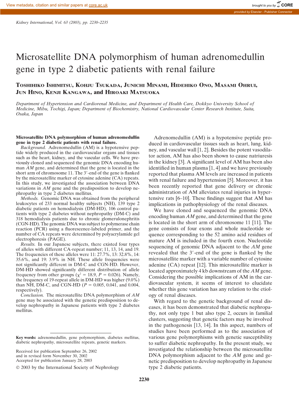 Microsatellite DNA Polymorphism of Human Adrenomedullin Gene in Type 2 Diabetic Patients with Renal Failure