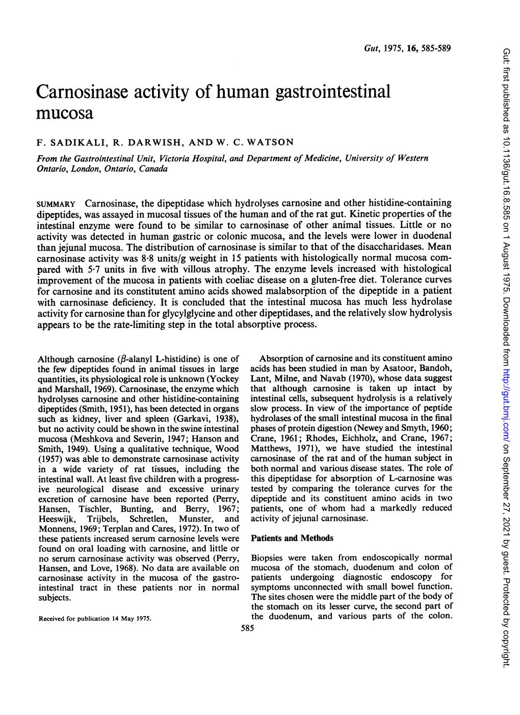 Carnosinase Activity of Human Gastrointestinal Mucosa