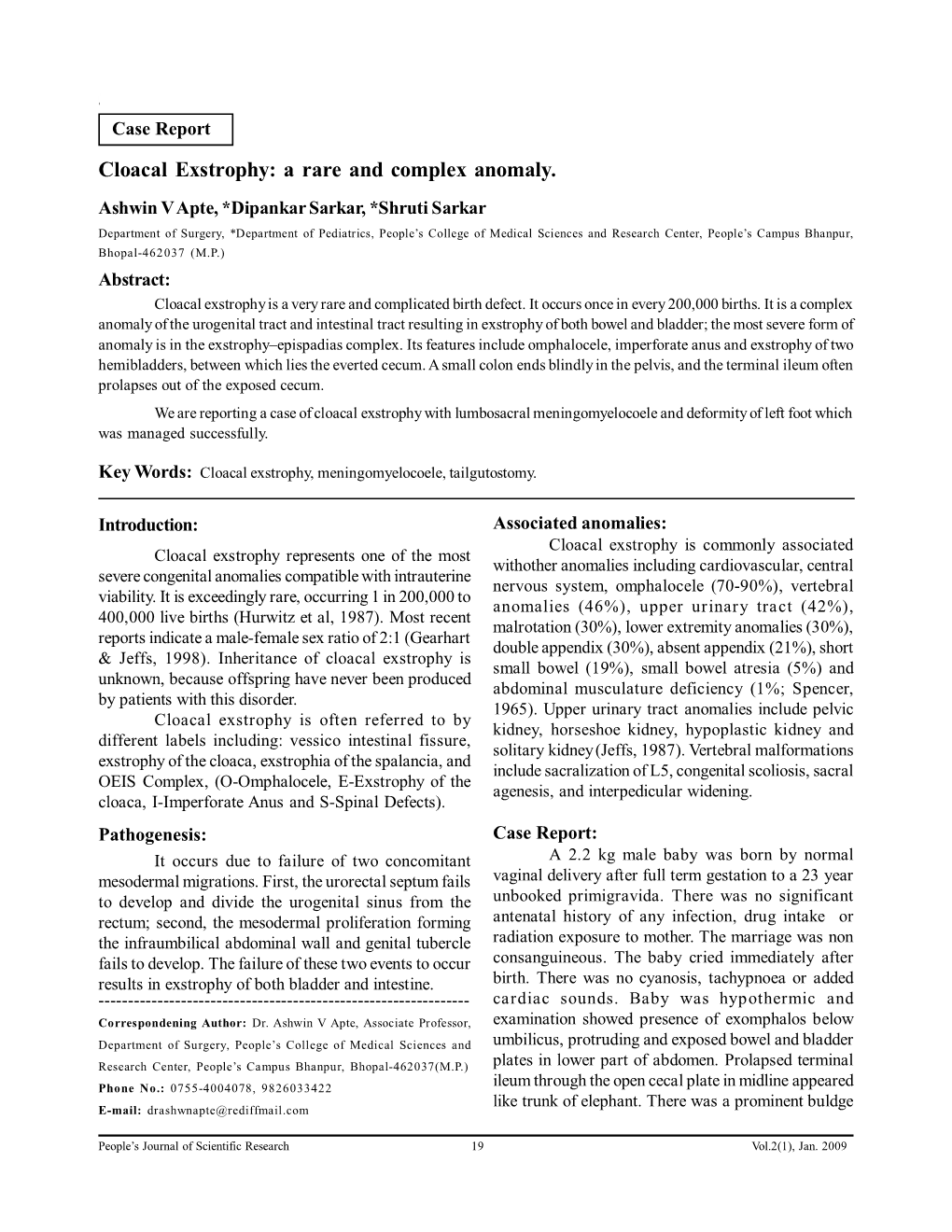 Cloacal Exstrophy: a Rare and Complex Anomaly