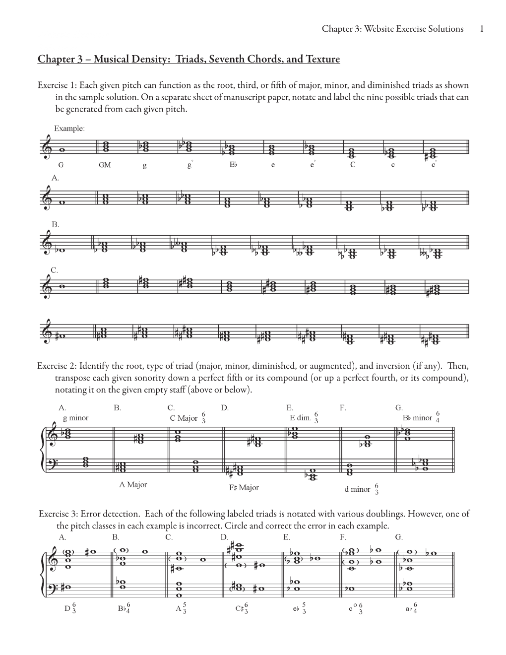 Chapter 3 – Musical Density: Triads, Seventh Chords, and Texture Website Exercise Solutions