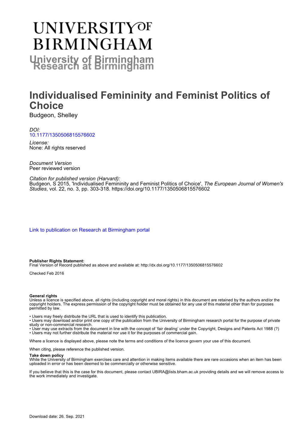 Individualised Femininity and Feminist Politics of Choice Budgeon, Shelley