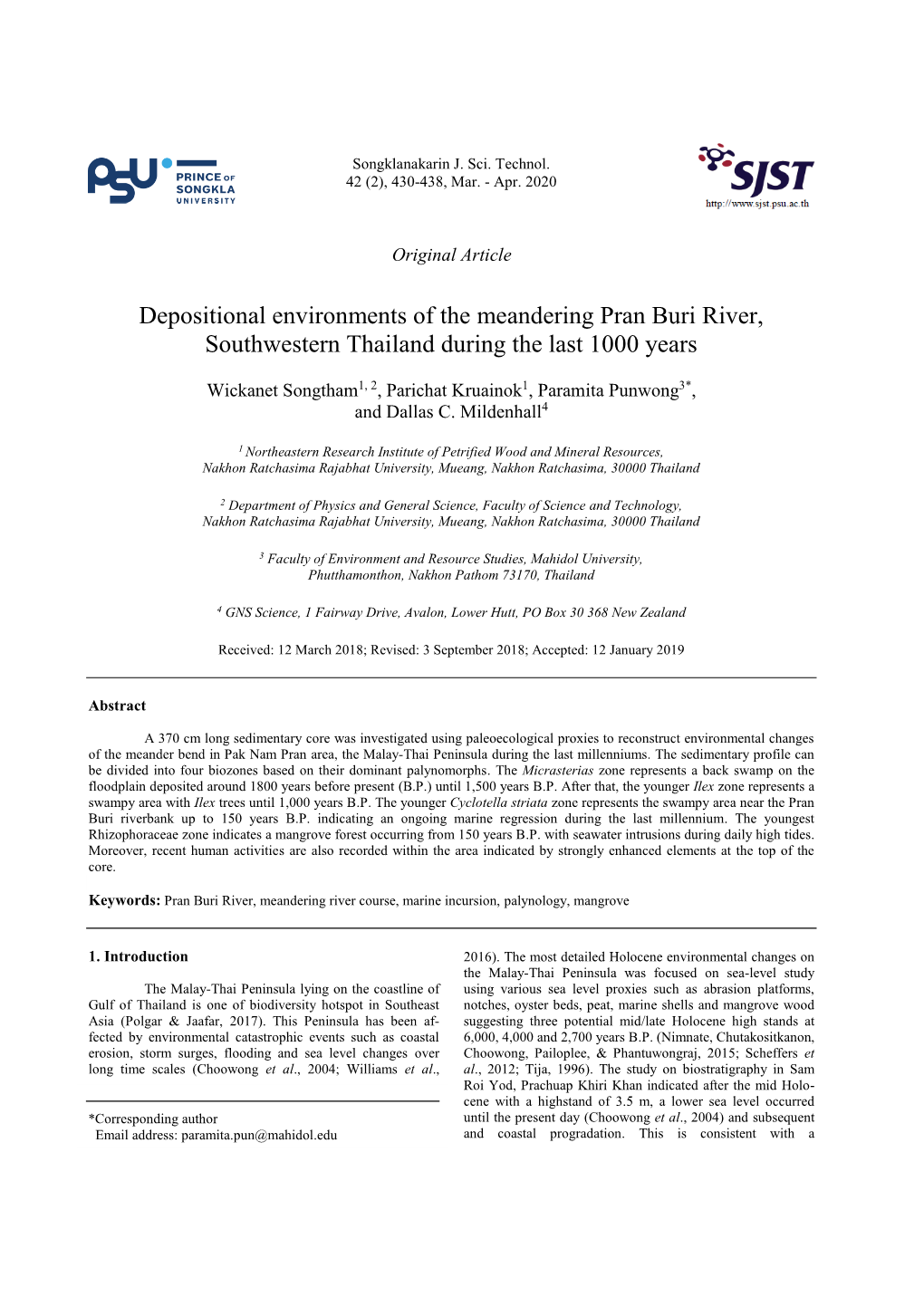 Depositional Environments of the Meandering Pran Buri River, Southwestern Thailand During the Last 1000 Years