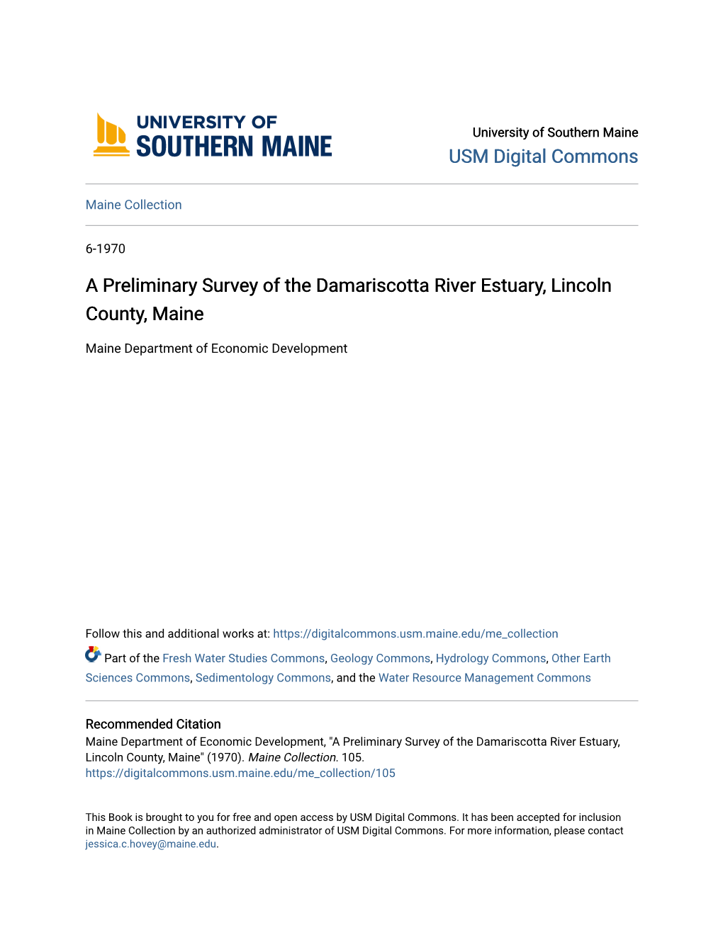 A Preliminary Survey of the Damariscotta River Estuary, Lincoln County, Maine