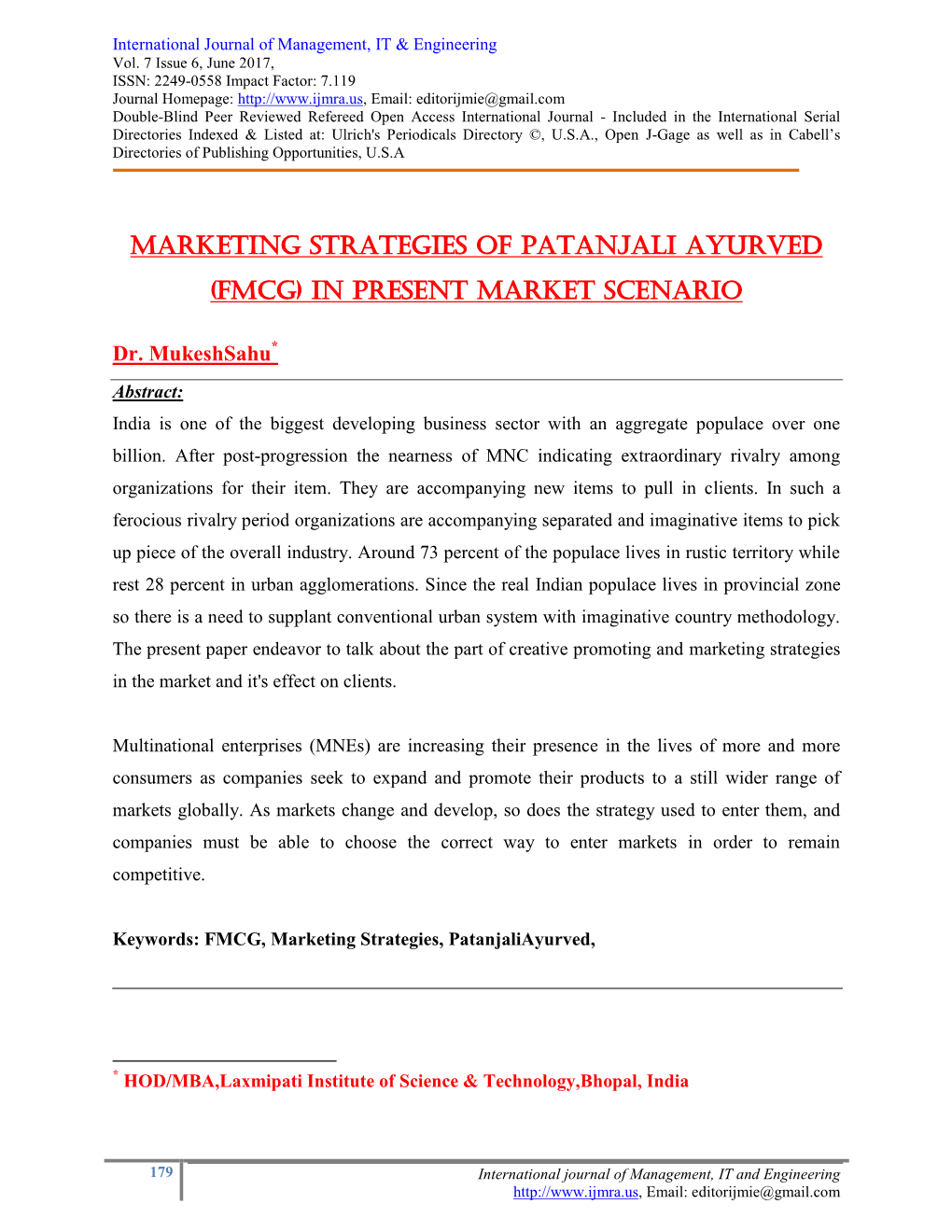 Marketing Strategies of Patanjali Ayurved (FMCG) in Present Market Scenario