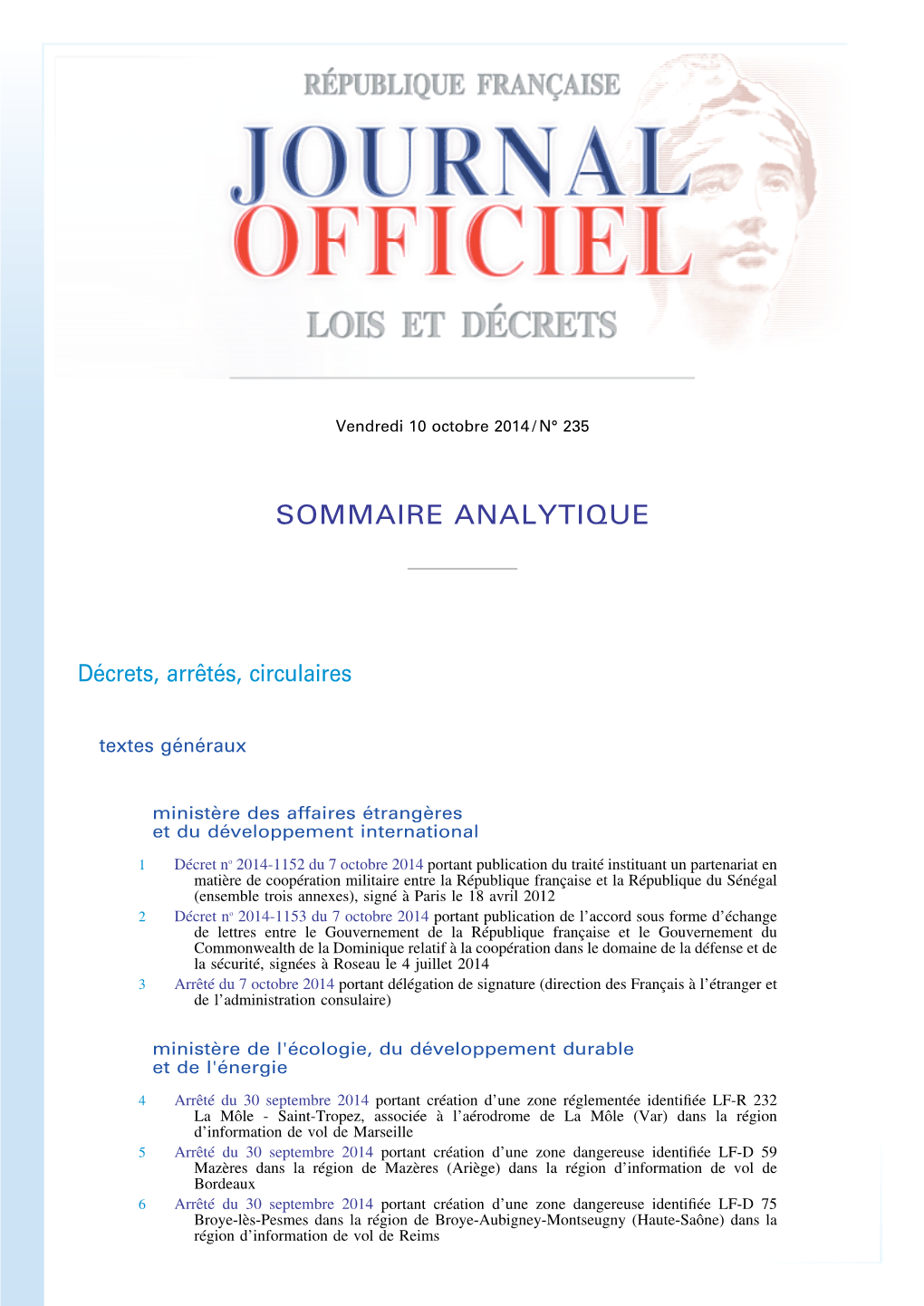 JOURNAL OFFICIEL DE LA RÉPUBLIQUE FRANÇAISE Sommaire