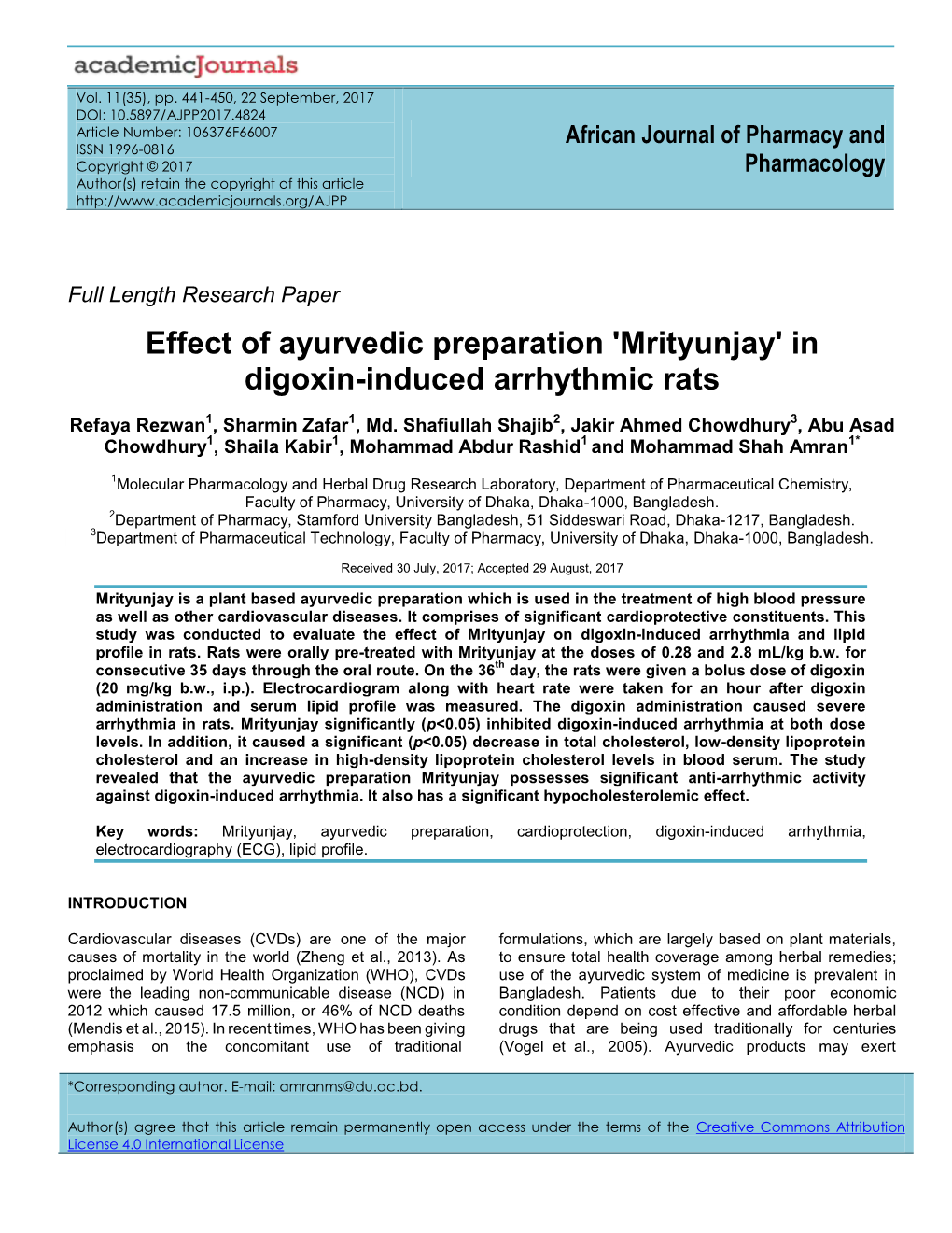 Effect of Ayurvedic Preparation 'Mrityunjay' in Digoxin-Induced Arrhythmic Rats