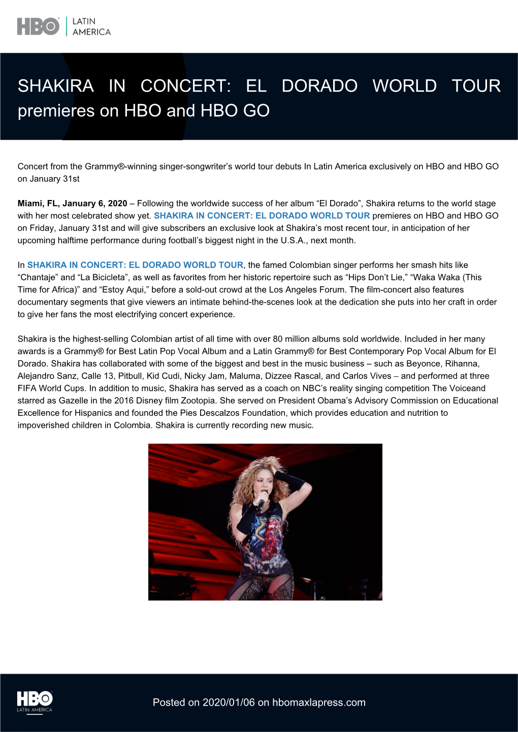 SHAKIRA in CONCERT: EL DORADO WORLD TOUR Premieres on HBO and HBO GO