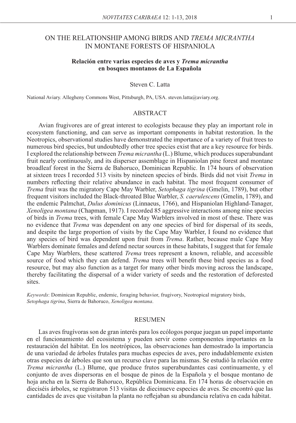 On the Relationship Among Birds and Trema Micrantha in Montane Forests of Hispaniola