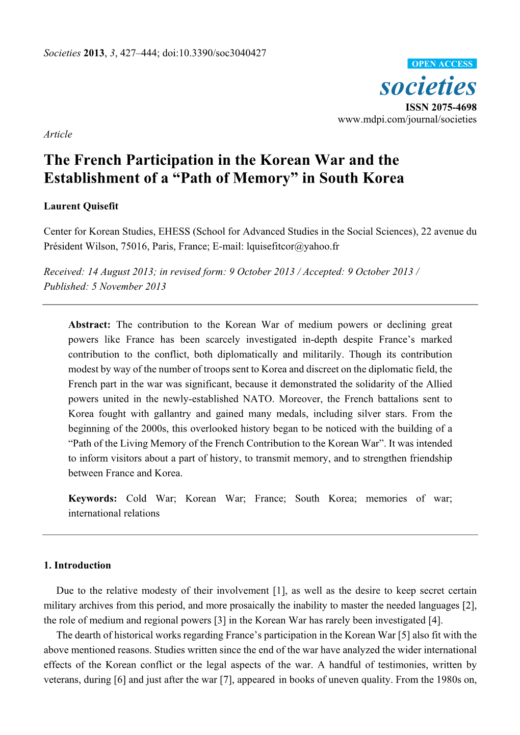 The French Participation in the Korean War and the Establishment of a “Path of Memory” in South Korea