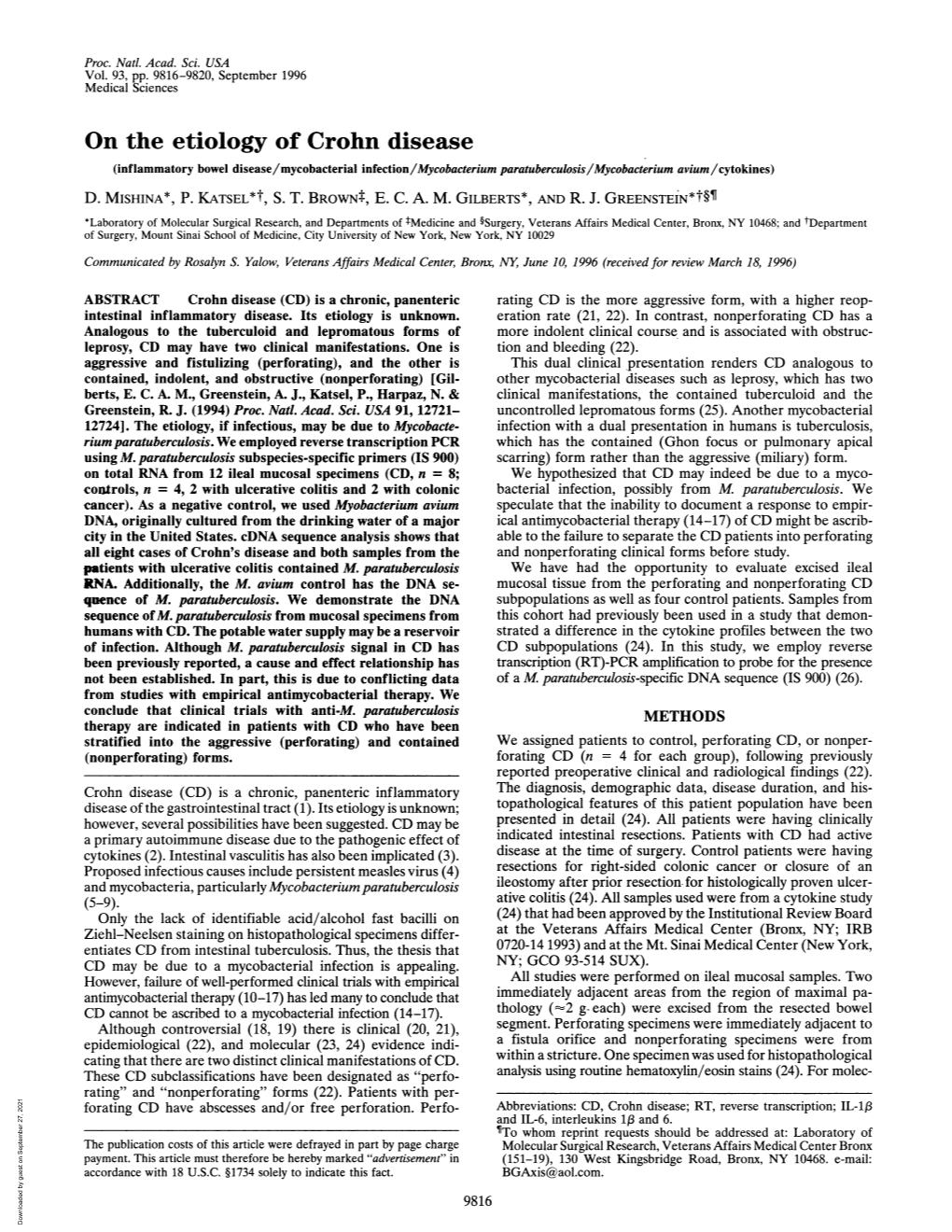 On the Etiology of Crohn Disease (Inflammatory Bowel Disease/Mycobacterial Infection/Mycobacterium Paratuberculosis/Mycobacterium Avium/Cytokines) D