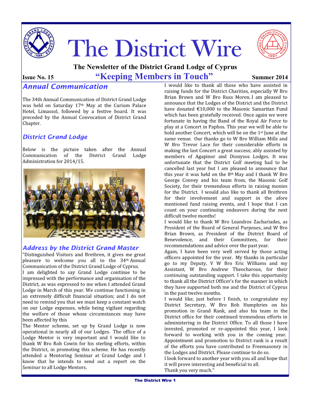 The District Wire the Newsletter of the District Grand Lodge of Cyprus Issue No