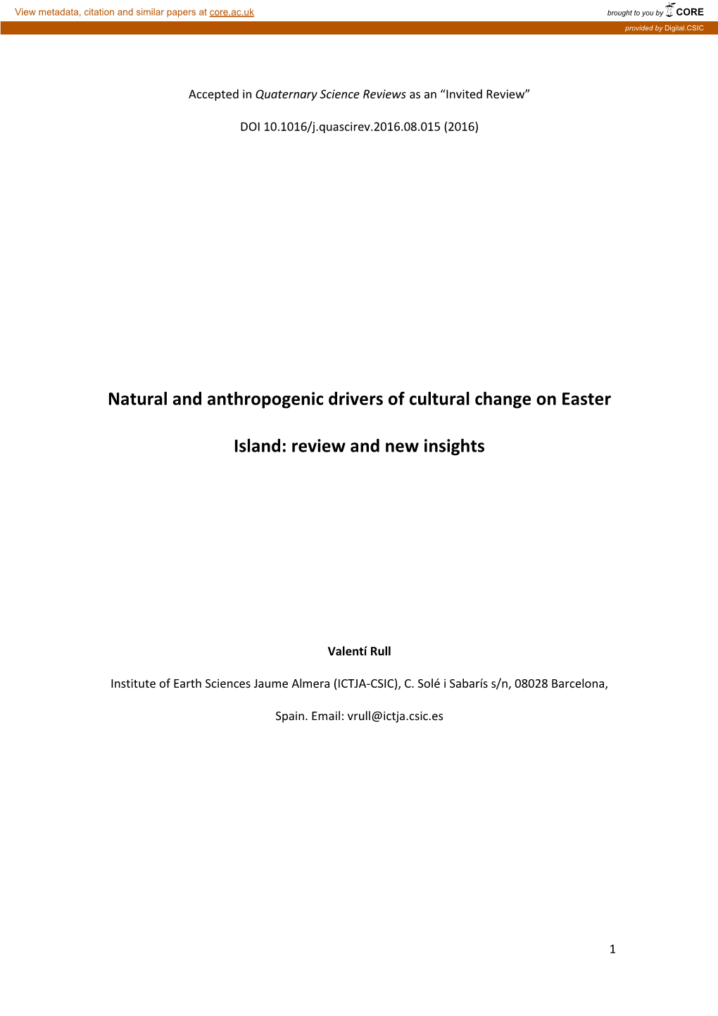 Natural and Anthropogenic Drivers of Cultural Change on Easter Island