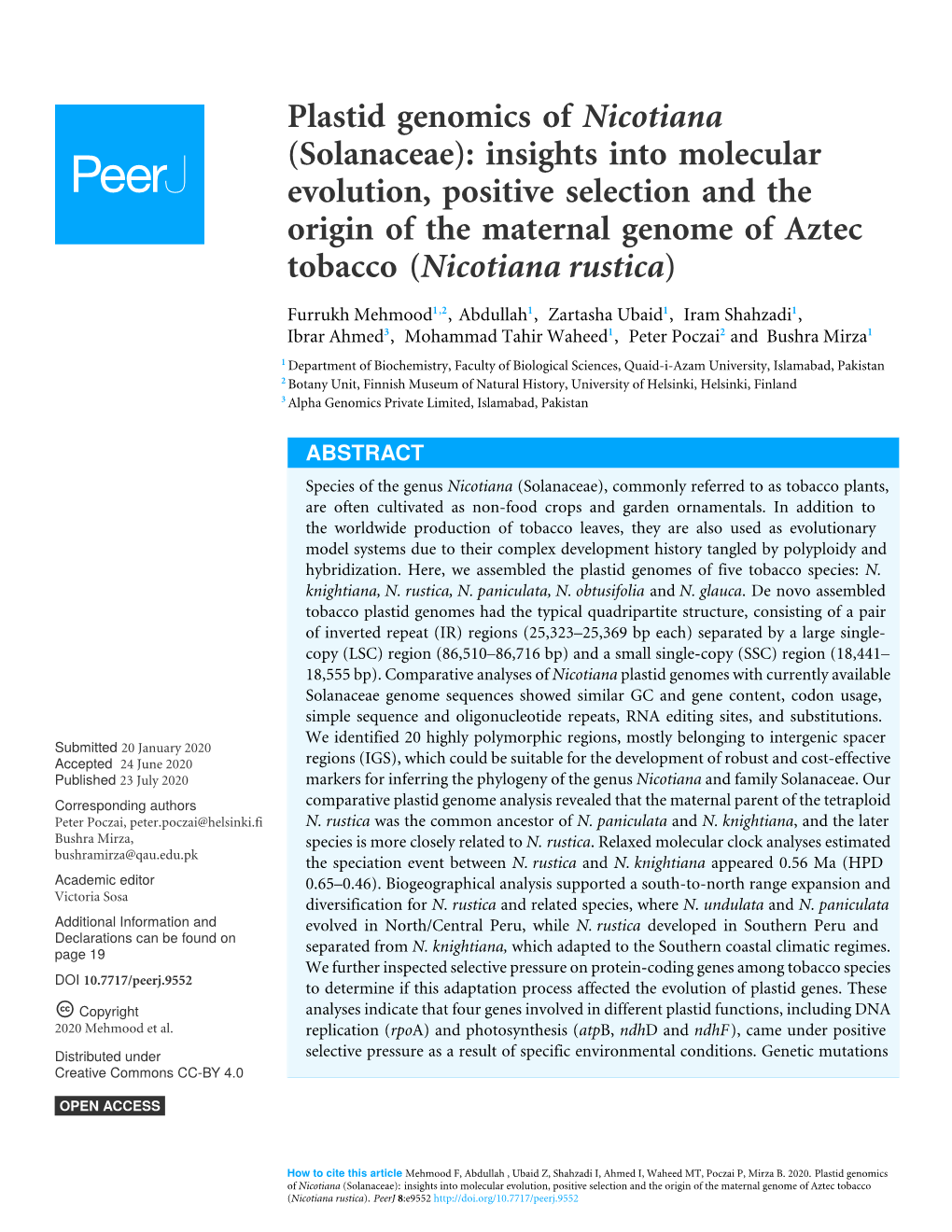 Plastid Genomics of Nicotiana (Solanaceae)