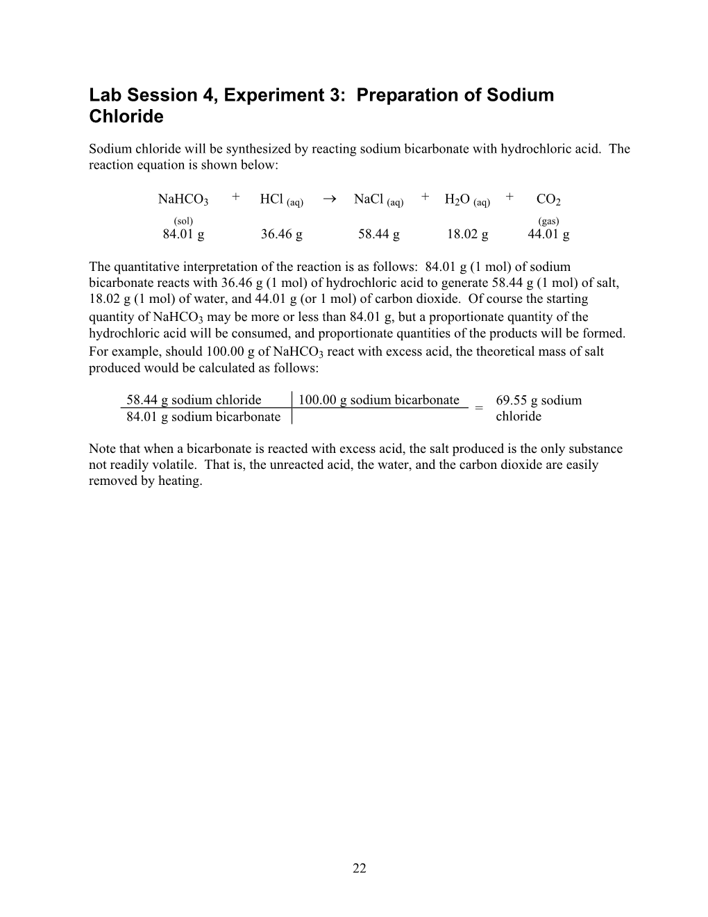 Lab Session 4, Experiment 3: Preparation of Sodium Chloride