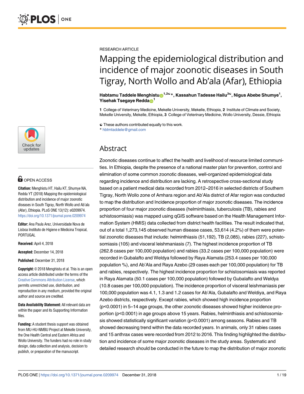 Mapping the Epidemiological Distribution and Incidence of Major Zoonotic Diseases in South Tigray, North Wollo and Ab'ala (Afar), Ethiopia