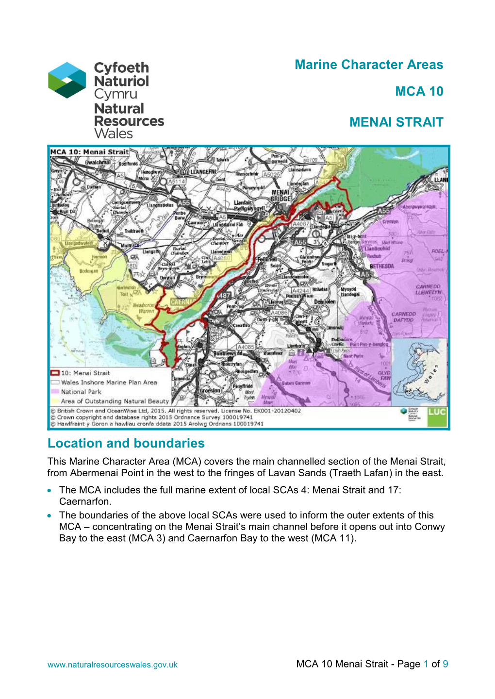 Marine Character Areas MCA 10 MENAI STRAIT Location And