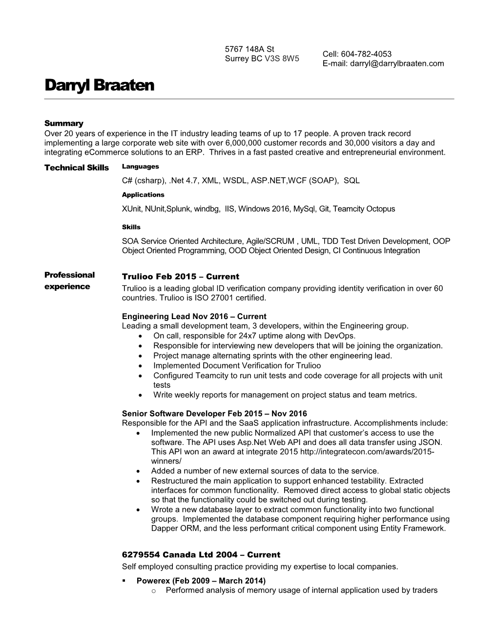 Resume for Darryl Braaten