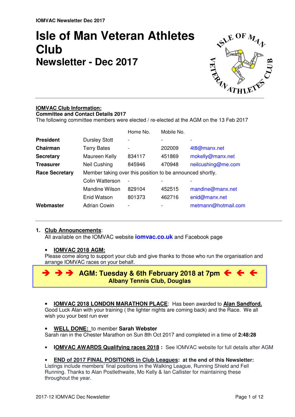 Dec 2017 Isle of Man Veteran Athletes Club Newsletter - Dec 2017