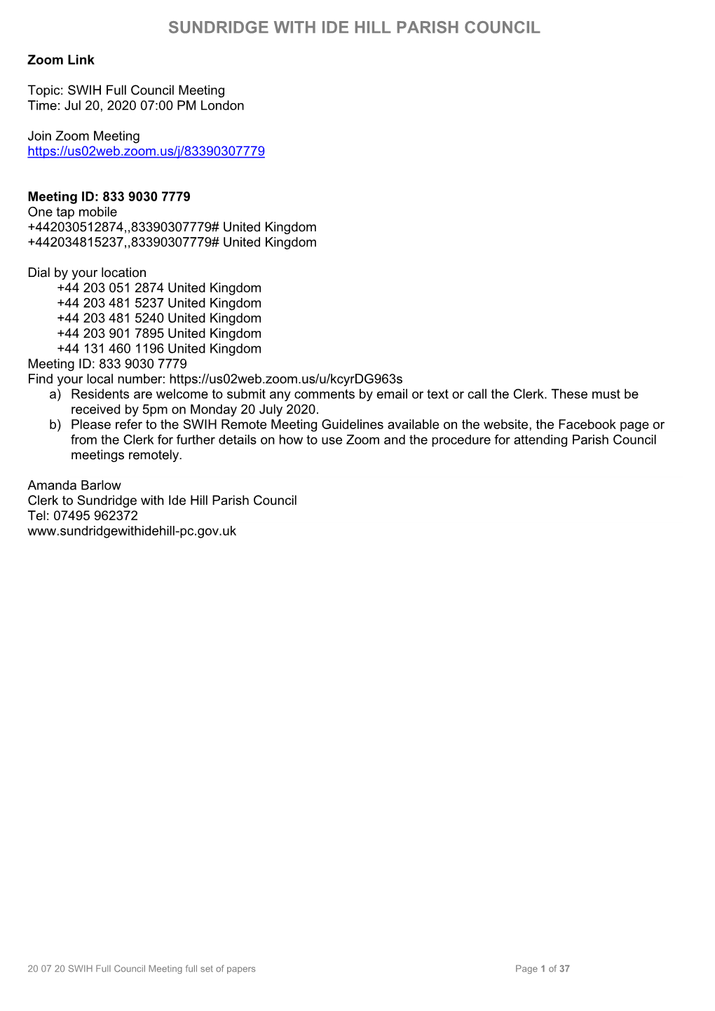 Sundridge & Ide Hill Budget for 2020-21