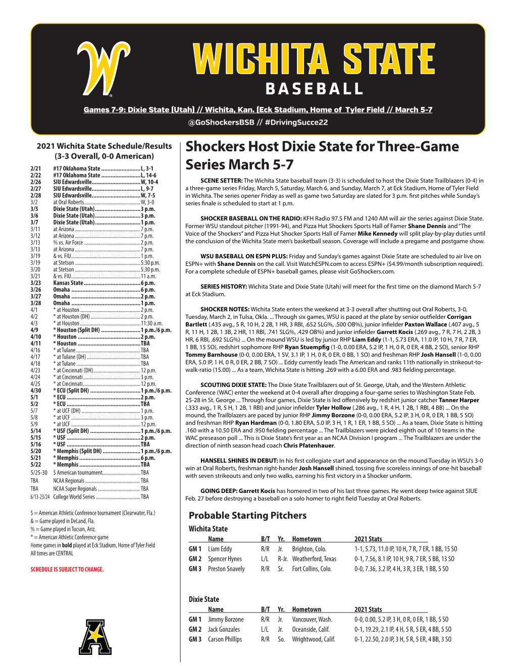 Shockers Host Dixie State for Three-Game Series March