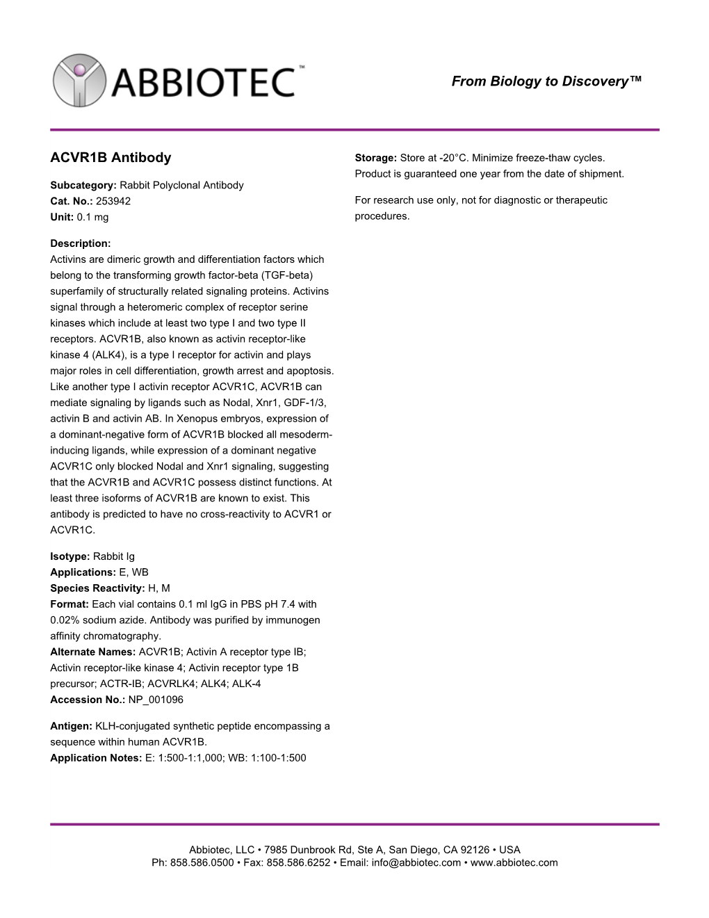 ACVR1B Antibody Storage: Store at -20°C