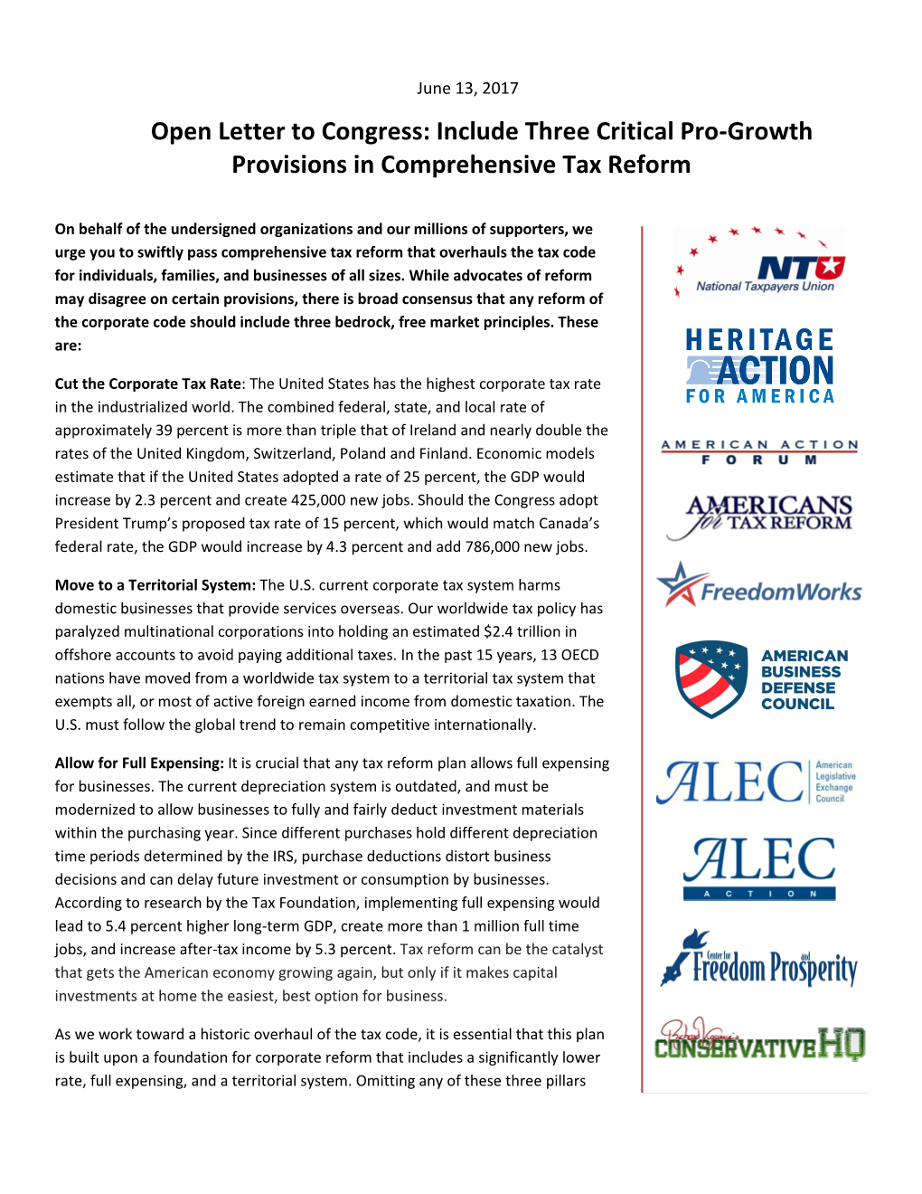 Open Letter to Congress: Include Three Critical Pro-Growth Provisions in Comprehensive Tax Reform