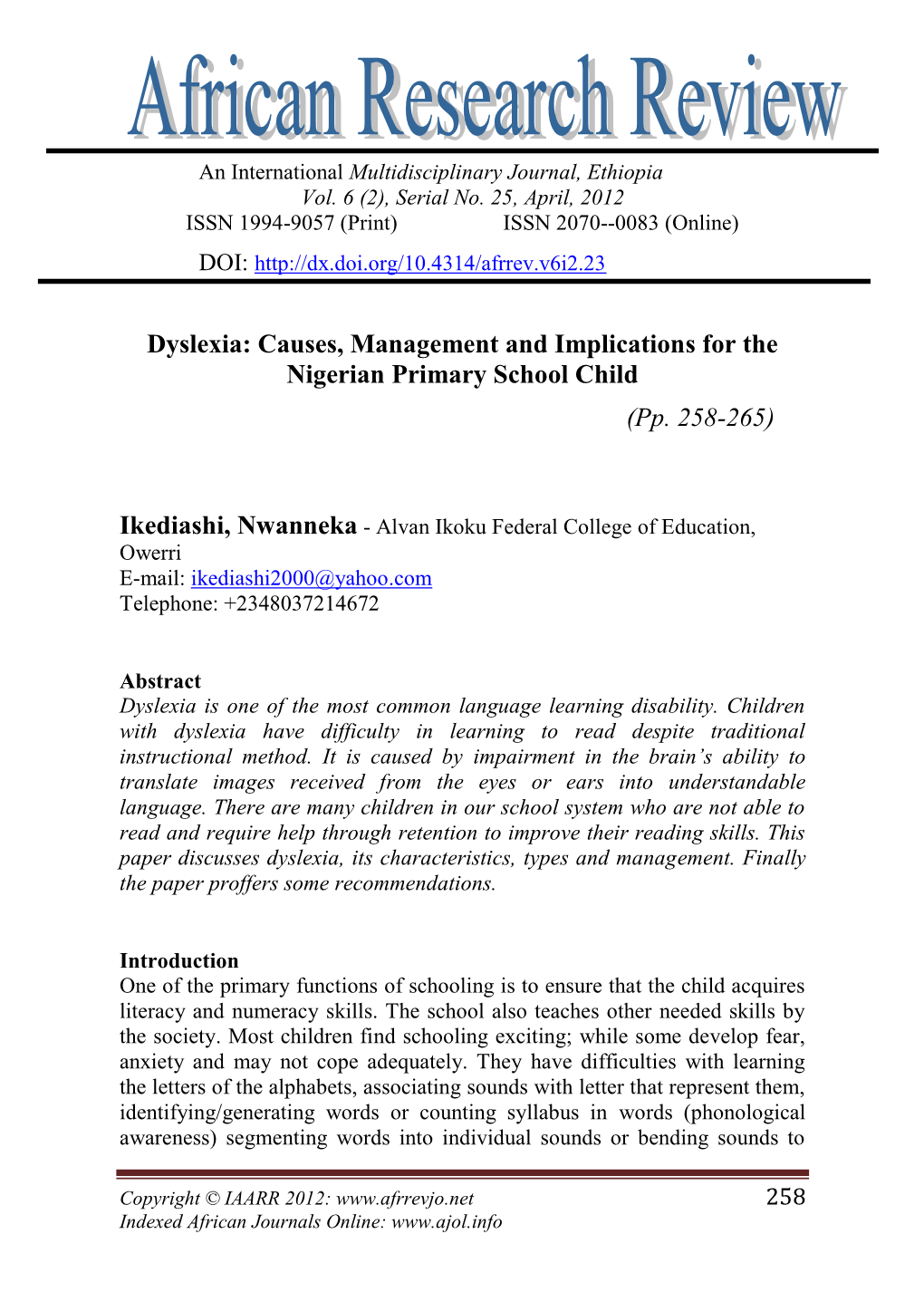 Dyslexia: Causes, Management and Implications for the Nigerian Primary School Child (Pp