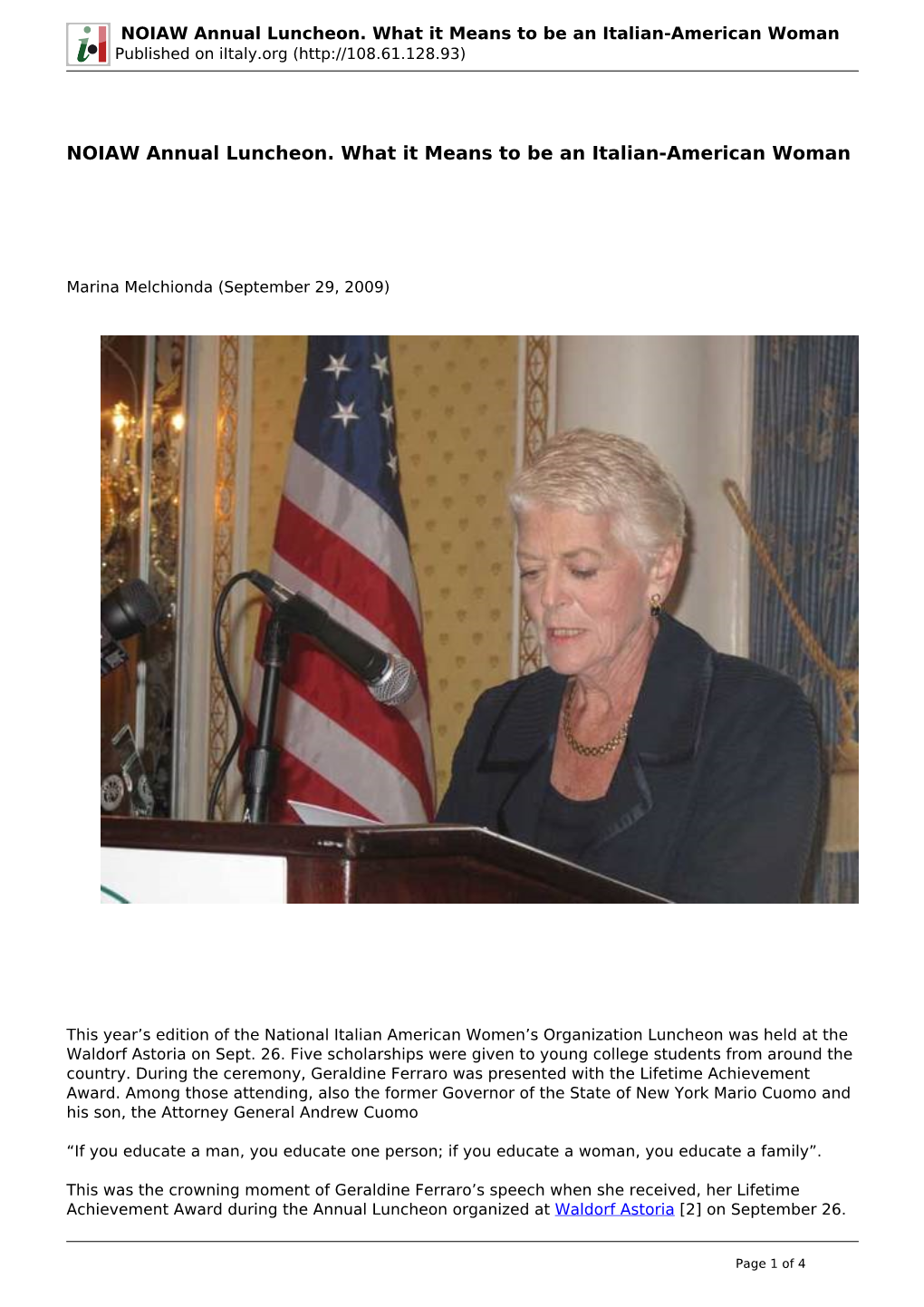 NOIAW Annual Luncheon. What It Means to Be an Italian-American Woman Published on Iitaly.Org (