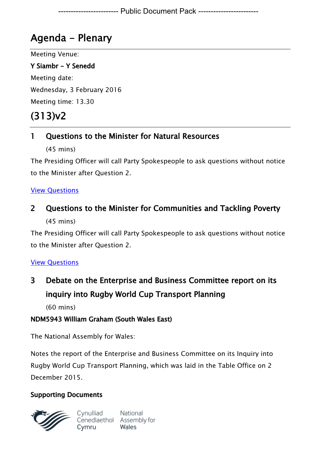 (Public Pack)Agenda Document for Plenary, 03/02/2016 13:30