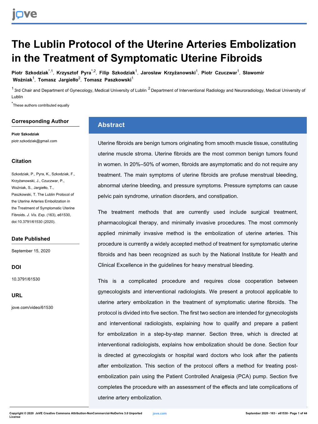 The Lublin Protocol of the Uterine Arteries Embolization in the Treatment of Symptomatic Uterine Fibroids