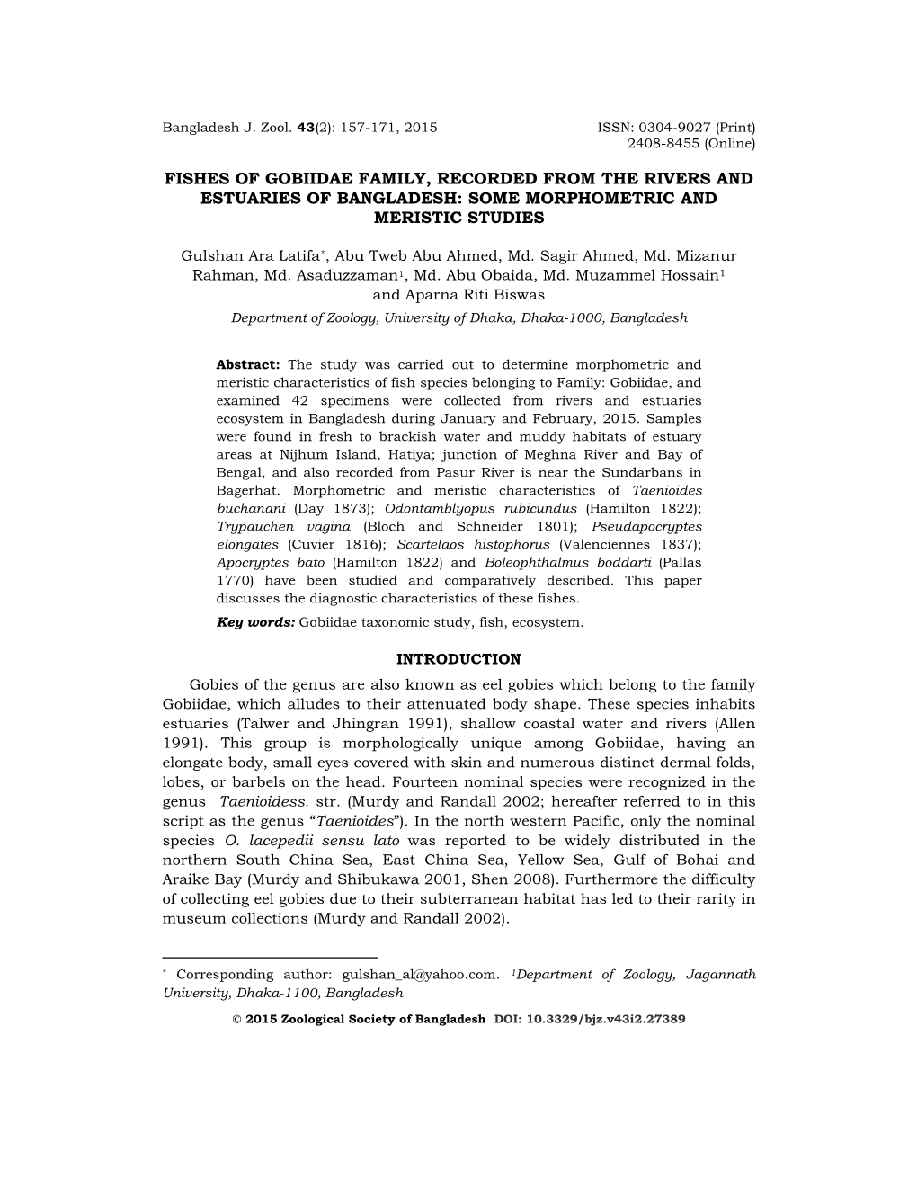 Fishes of Gobiidae Family, Recorded from the Rivers and Estuaries of Bangladesh: Some Morphometric and Meristic Studies