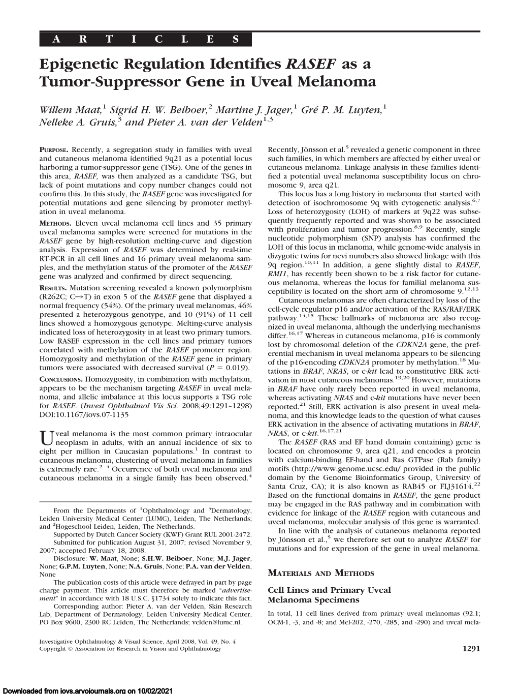 Epigenetic Regulation Identifies RASEF As a Tumor-Suppressor