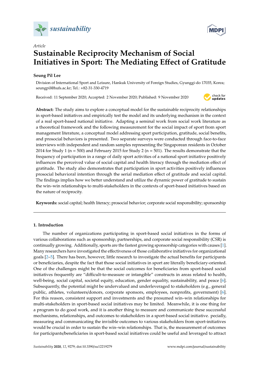 Sustainable Reciprocity Mechanism of Social Initiatives in Sport: the Mediating Eﬀect of Gratitude
