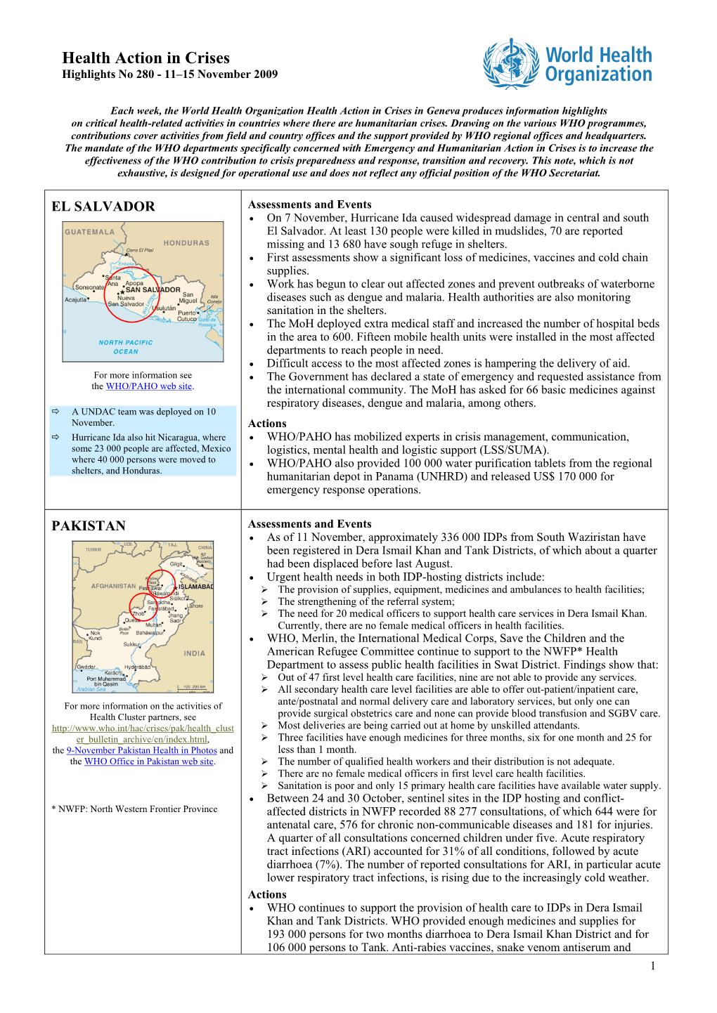 Health Action in Crises Highlights No 280 - 11–15 November 2009