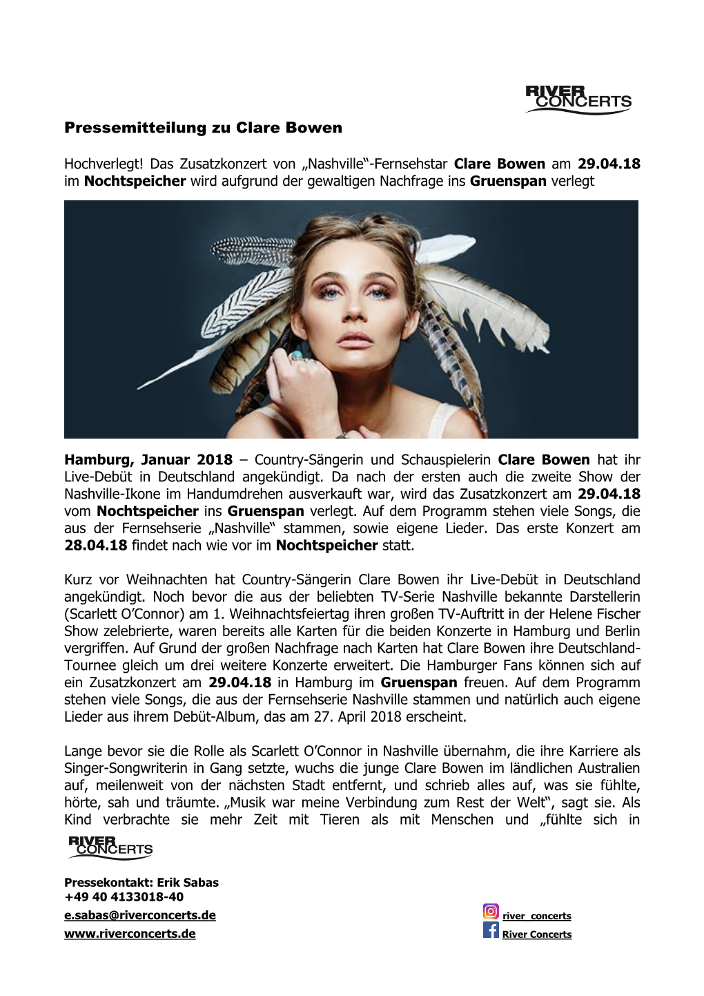 Pressemitteilung Zu Clare Bowen