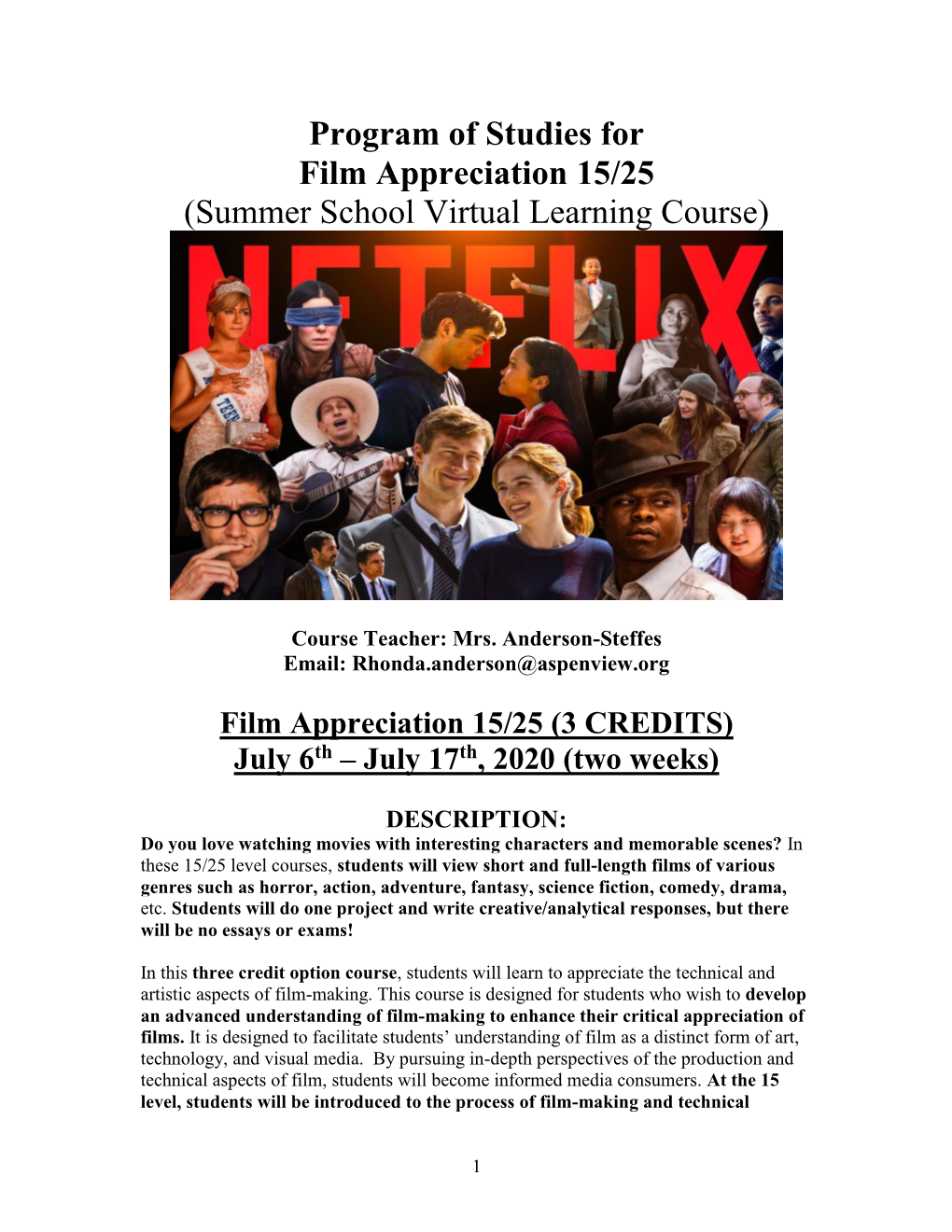 Program of Studies for Film Appreciation 15/25 (Summer School Virtual Learning Course)