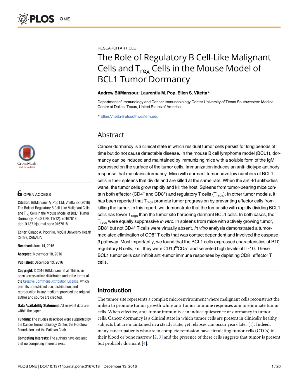 The Role of Regulatory B Cell-Like Malignant Cells and Treg Cells In