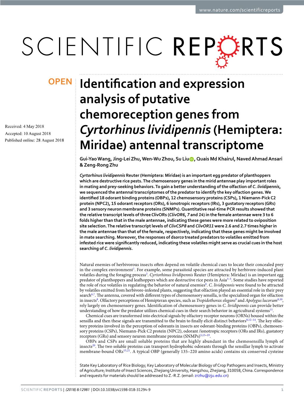 Identification and Expression Analysis of Putative Chemoreception Genes